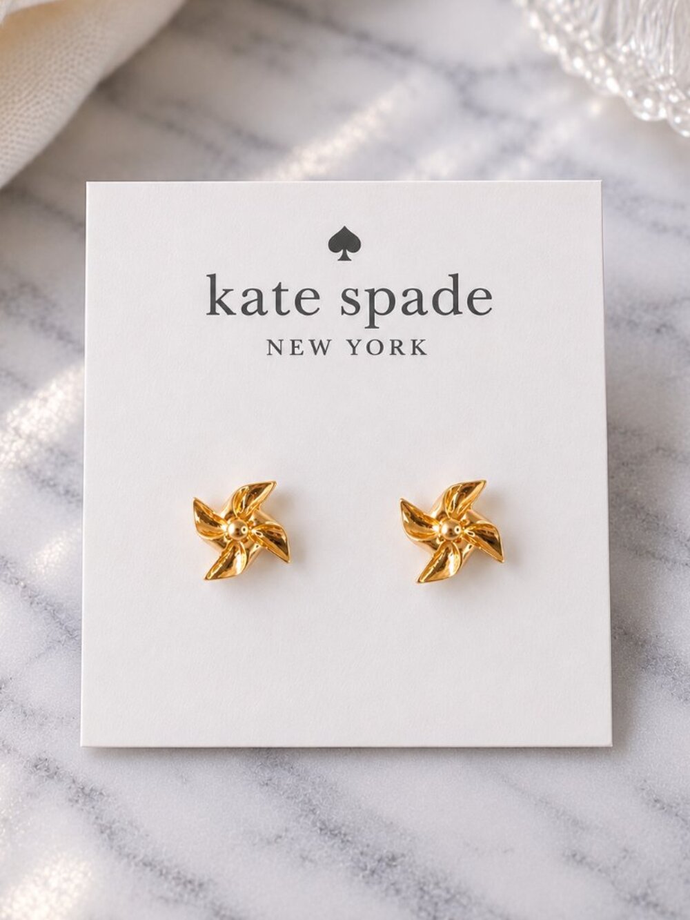 Kate Spade Gold Pinwheel Stud Earrings Minimalist Floral Swirl Design